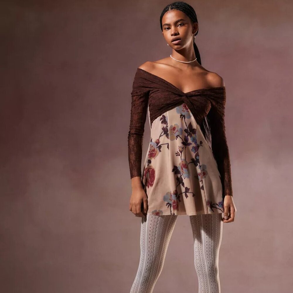 NWOT Urban Outfitters Brown and Cream Floral Mini Dress